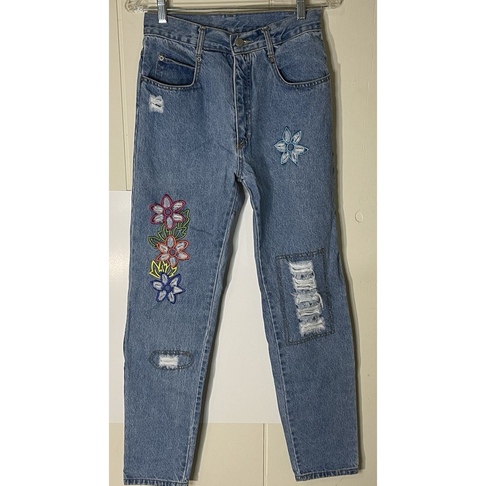Vintage Y2K Floral Embroidered Mom Jeans Jr 9 High Rise Distressed Made USA